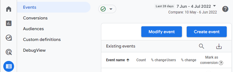 Google Analytics configure menu